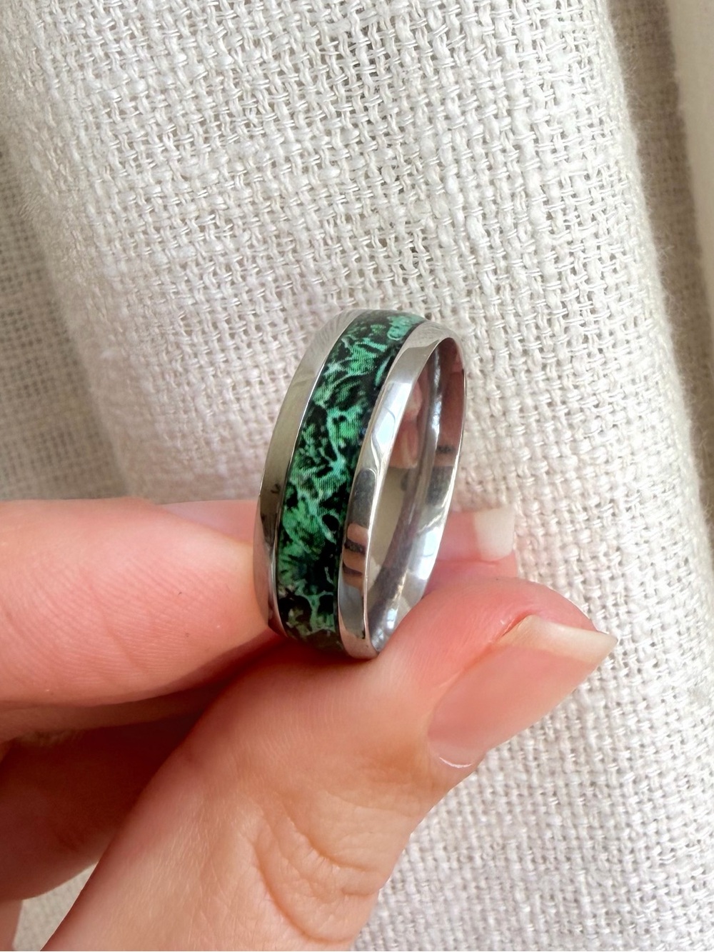 Green Inlay Silver Ring - Earth Goth Size 12